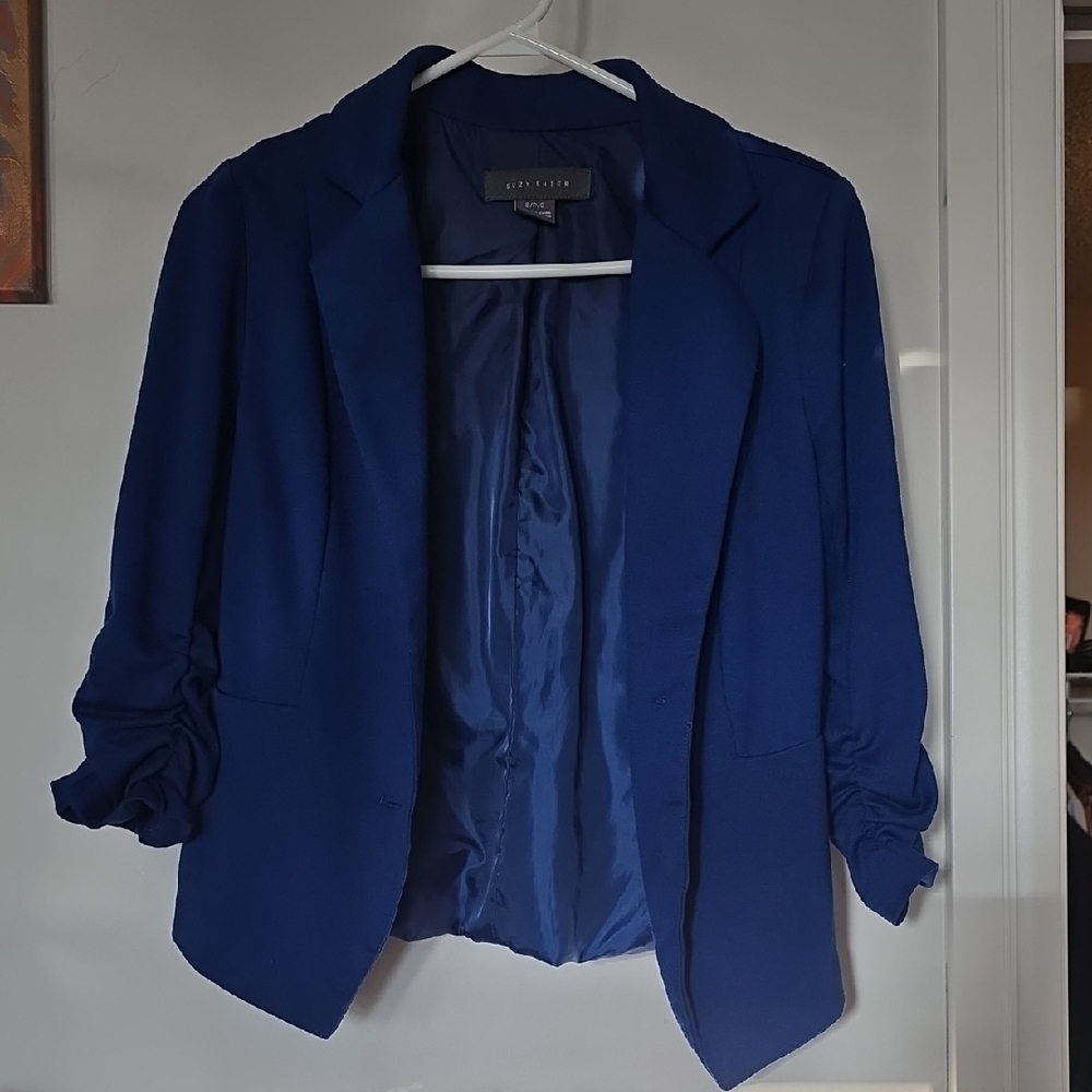 Suzy Shier Women's Royal Blue Ruched-Sleeve Open Blazer